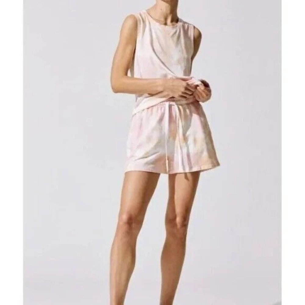 CARBON38 XS Tie Dye Crop Tank Terry Sweat Short Set Peach/ Putty Pink Athleisure